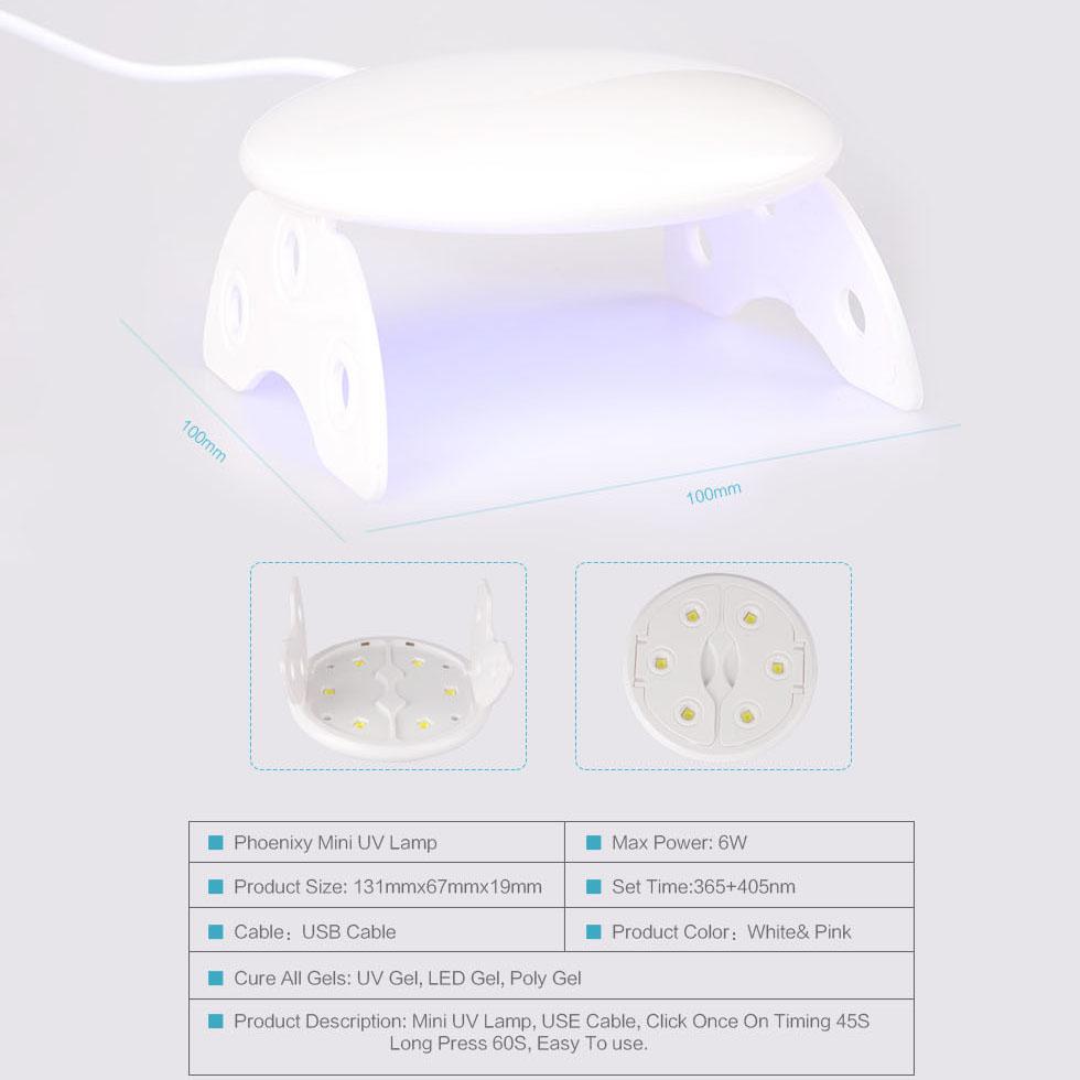 

PHOENIXY 6 Вт Мини-лампа для ногтей с УФ-лампой для сушки гель-лака для ногтей 6 светодиодных сушилок для ногтей Инструменты для дизайна ногтей УФ и светодиодный портативный USB-кабель Mirco для дома белый