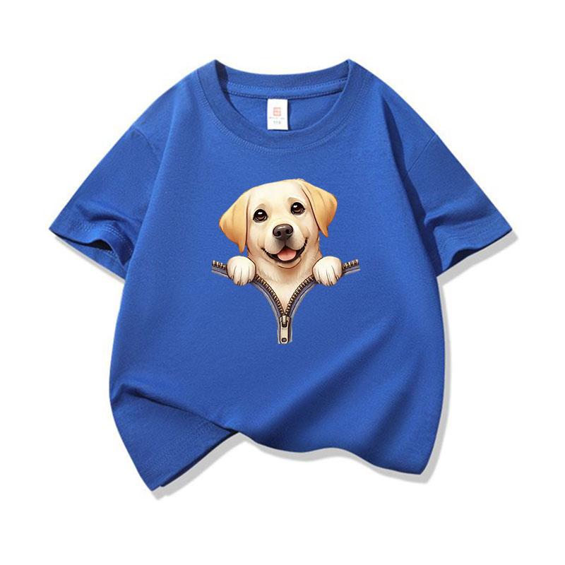 Kids Cotton T Shirt Cute Labrador Retriever Dog Zipper Print Crew Neck Short Sleeve Tee Casual Boys Girls Summer Tops