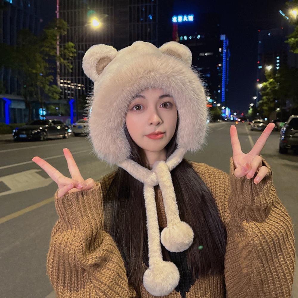 Plush Bear Hat Cute Face Small Windproof Warm Ear Protection Versatile Pullover Hat