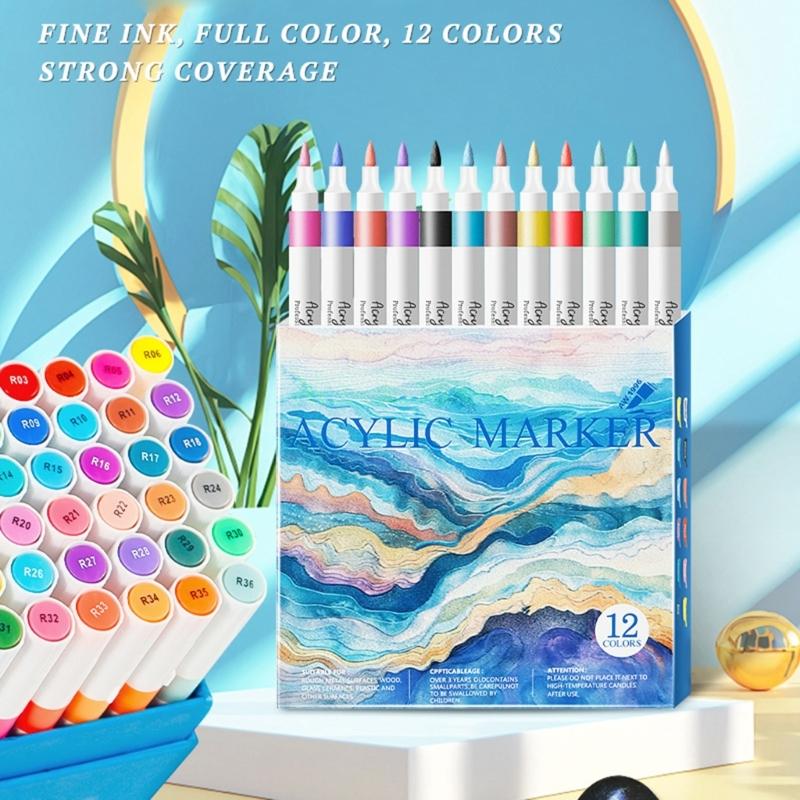 Acrylic Marker 12/24/36/48 Color Acrylic Paint Pen Brush Tip Marker for Painting On Paper Wood Glass Fabric Metal Stone