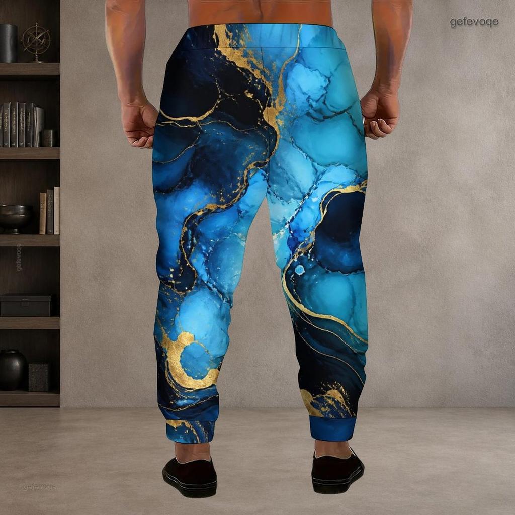 Men S Plus Size Blue Gold Printed Drawstring Waist Side Pockets Cuffed Ankle Jogger Pants