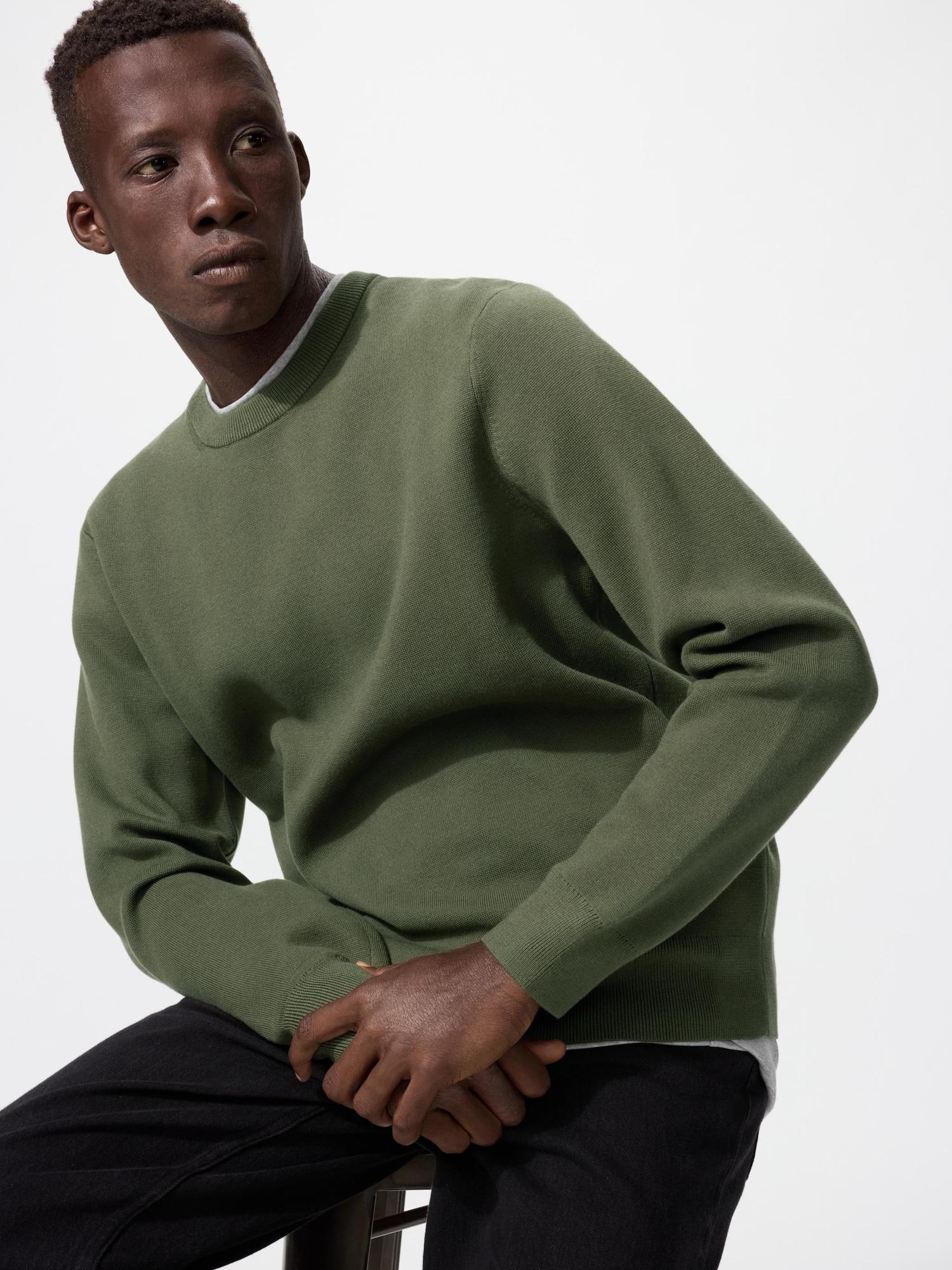 

Uniqlo Япония Стильный вязаный свитер с круглым вырезом из миланской резинки, пригодный для стирки 56 OLIVE/S