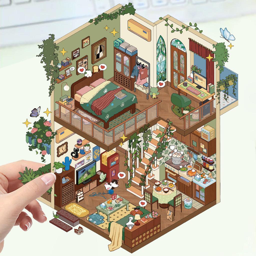 Cartoon Large Landscaping Cartoon Shark Restaurant Scene Sticker 3D Miniature World Decompression DIY Scene