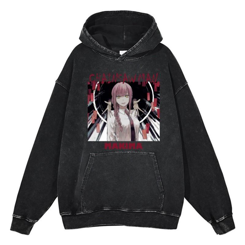 Heavyweight 440g Washed Vintage Denim-Style Anime Hoodie Men Streetwear Casual Sweatshirt