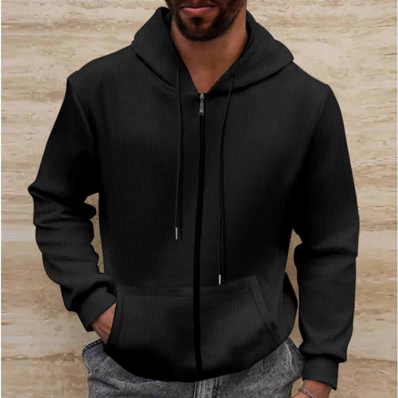Men's Winter New Waffle Solid Pocket Zipper Long Sleeve Jacket Jacket Hoodie