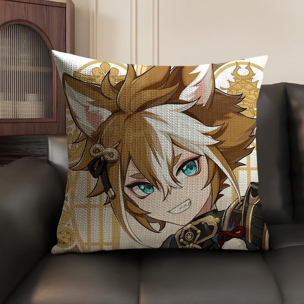 Gorou Genshin Impact Cute Cushion Cover Natural Linen Organic Fabric Double-Sided Printing Sofa Home Decor Gift Pillow Case
