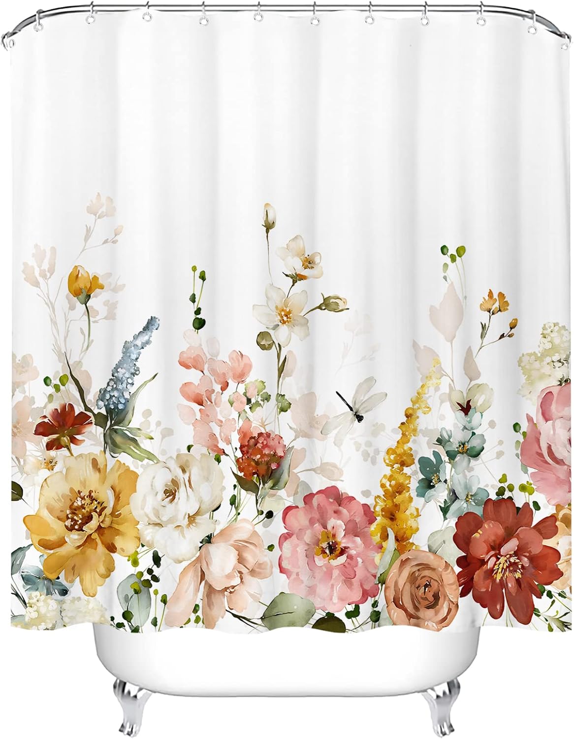 

Watercolor Floral Shower Curtain – Red & Pink Blooms With Sage Green Leaves, Elegant Tropical Bathroom Decor W60H190(CM)-1 Pcs
