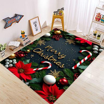 Christmas Tree Elegant Candy Cane Carpet Poinsettia Snowflake Rug for Home Decoration Red Green Gold Mat Living Room Decoration