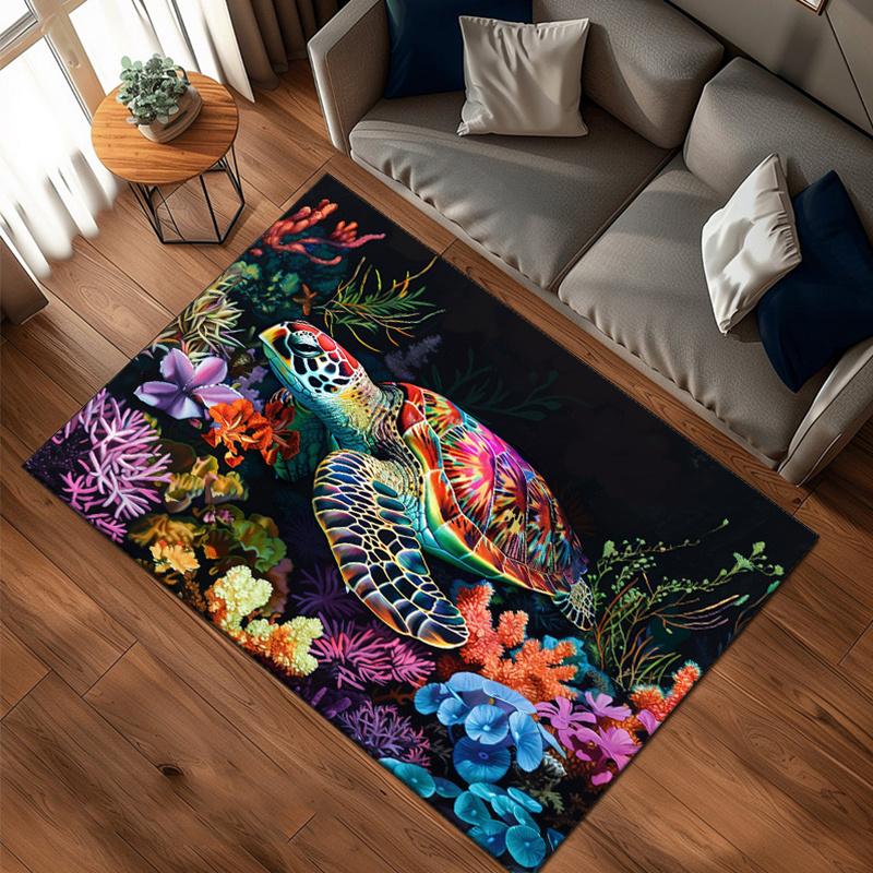 Fantasy Sea Turtle Print Area Rug - Crystal Velvet, Non-Slip, Decorative Living Room, Bedroom, Home Floor Mat - Polyester (100%) Ocean-Theme