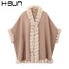 Damen Gestrickter Poncho Schal Mit Kunst Rex Kaninchenfellbesatz Warm Street Style Umhang Herbst Winter