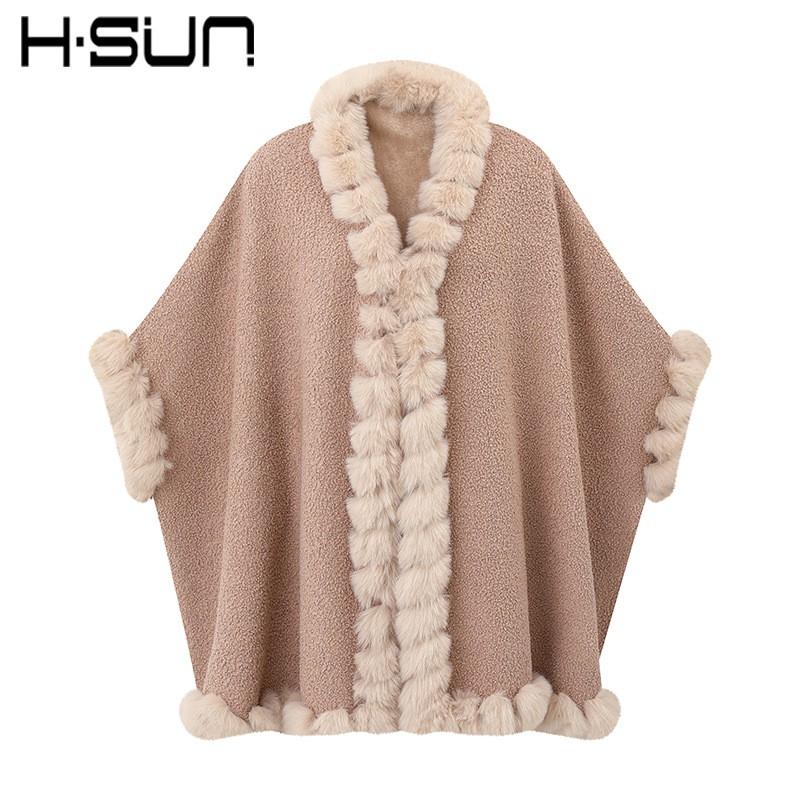 Damen Gestrickter Poncho Schal Mit Kunst Rex Kaninchenfellbesatz Warm Street Style Umhang Herbst Winter