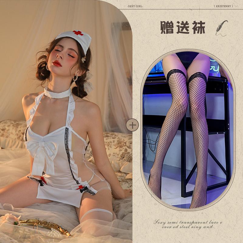 Meiyunjia Suspender Lace Perspective Nurse Hot Sexy Passion Bed Bow Uniform Set
