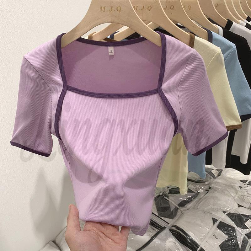 Women s Square Neck Long Sleeve Color Block T-Shirt - Trendy 2026 Summer Design L фиолетовый