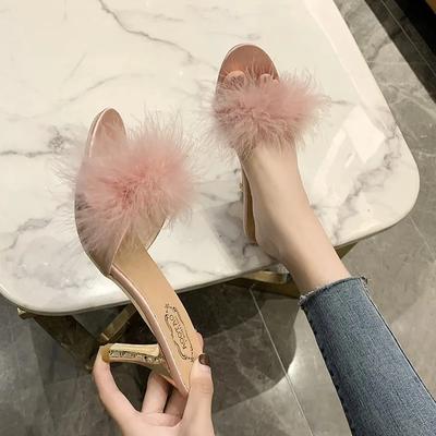 Damen Feder Spitz Zehen Hausschuhe Mode Sandalen Offene Zehen Pumps Pantoletten Weiß Rosa Schwarz Größe 35-43