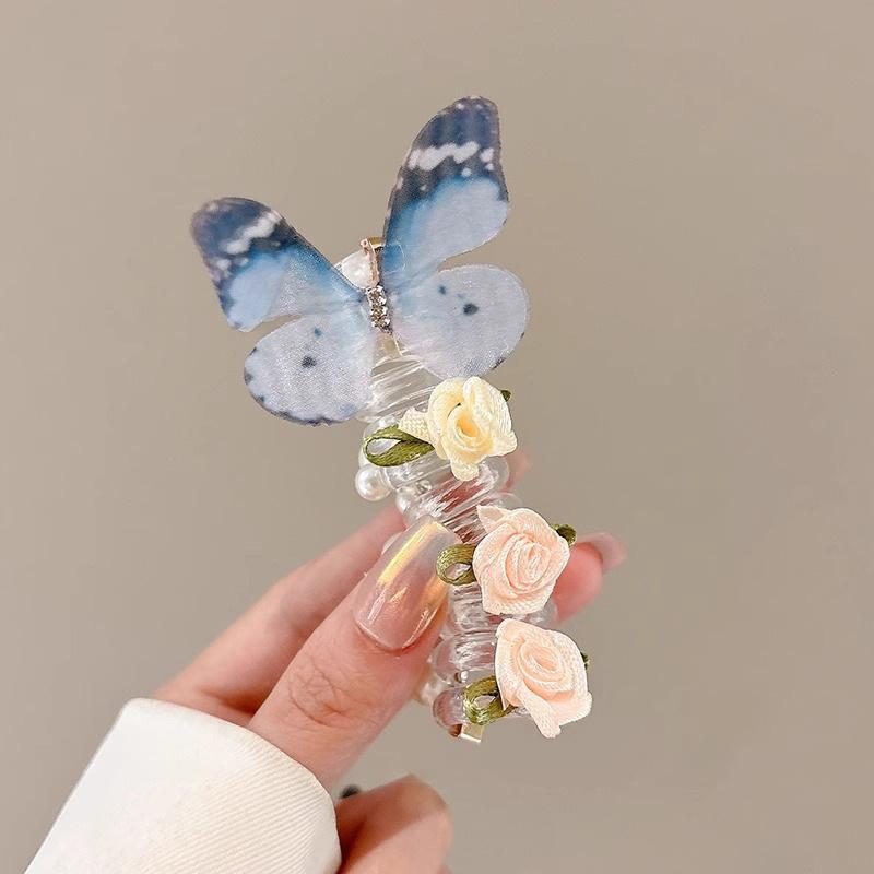 

5 шт. Резинки для волос в виде телефонного шнура-бабочки для женщин, спиральные держатели для хвостиков с цветами и жемчугом, идеально подходят для косичек и волн, резинка для волос в виде бабочки 1pc синий