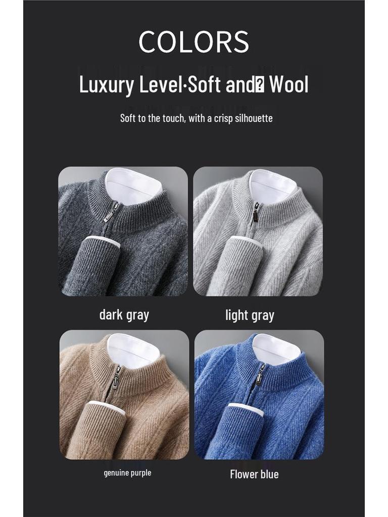Cardigan Jacquard in 100% Lana Pura da Uomo, Collo Alto Business Casual, Chiusura con Zip, Top Versatile dalla Vestibilità Larga