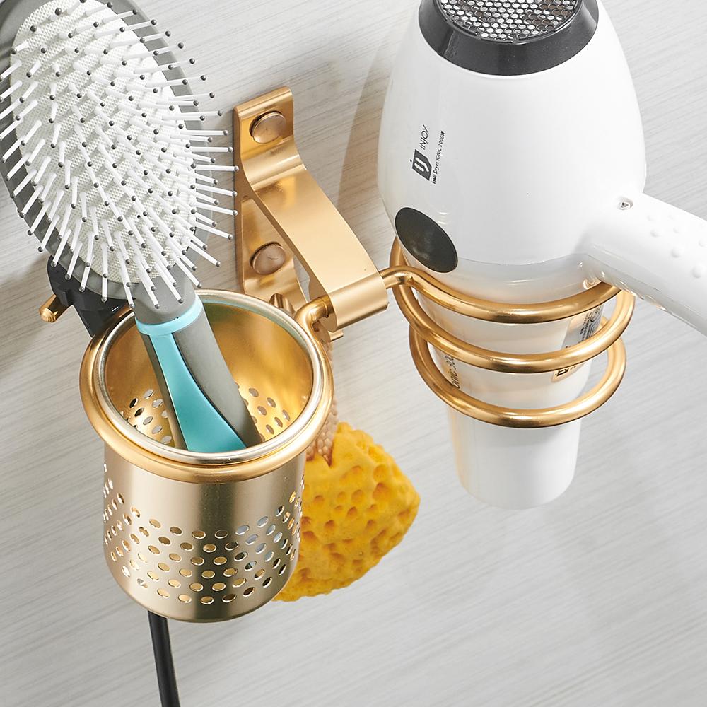 Hair Dryer Holder With Cup Households Rack Hair Blow Dryer Shelf Metal Wall Mount Bathroom Accessories Gold Hair Dryer Rack 9248