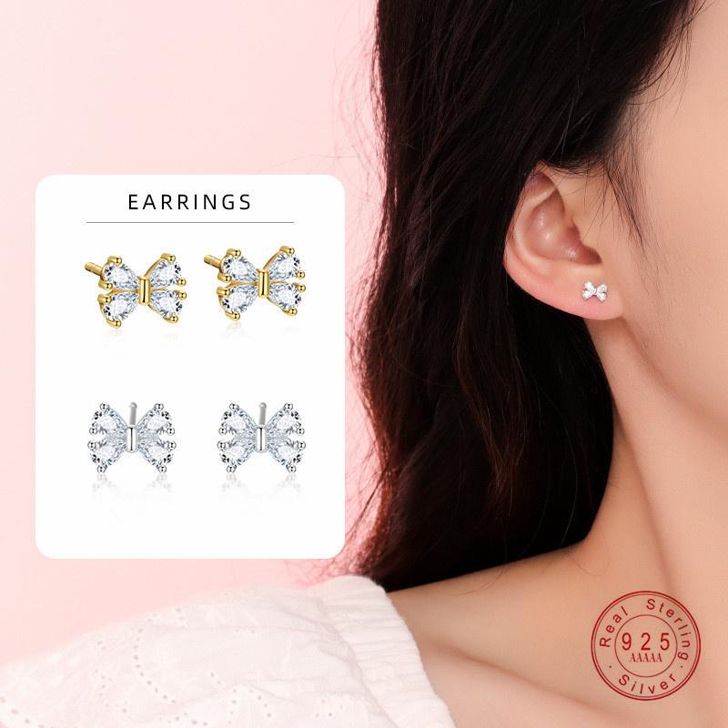 925 Sterling Silver Inlaid Zircon Bow Earrings for Women Student Korean Sweet Jewelry Accessories