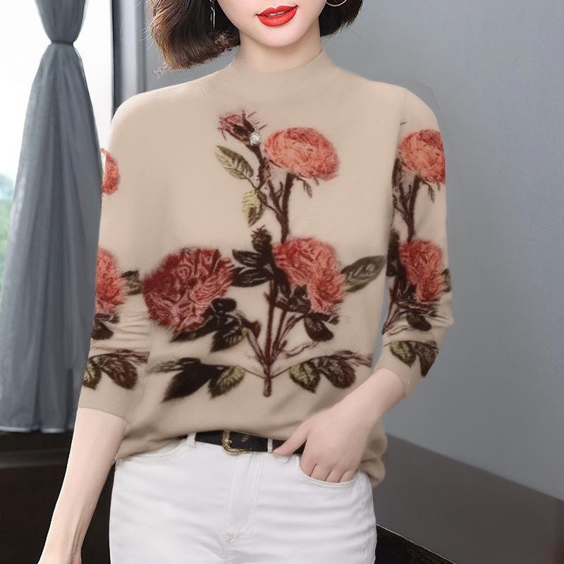 Women's Floral Print Fleece-Lined Slim-Fit Top with Semi-High Collar and Long Sleeves – Ideal for Middle-Aged and Elderly Moms.