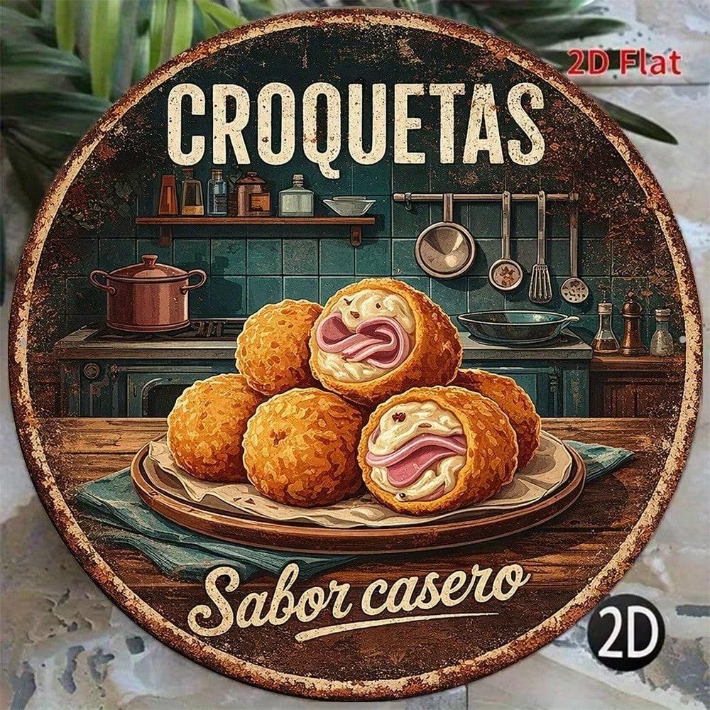 1pc Vintage Croquetas Tin Sign 8x8in Round Metal Plaque Spanish Cuisine Wall Art Kitchen Bar Decor