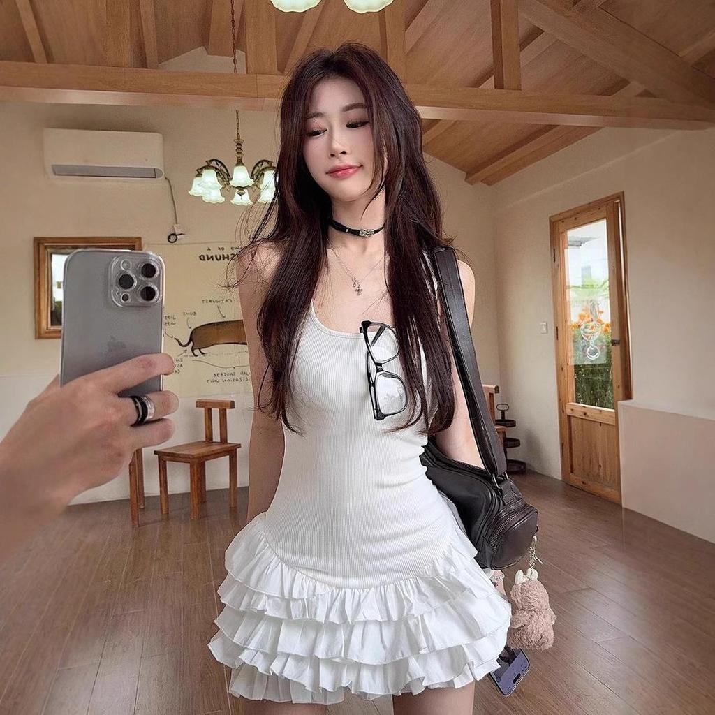Elegant White Spaghetti Strap Dress - Ruffle Design Slim Fit Ballet A-line Skirt for Summer