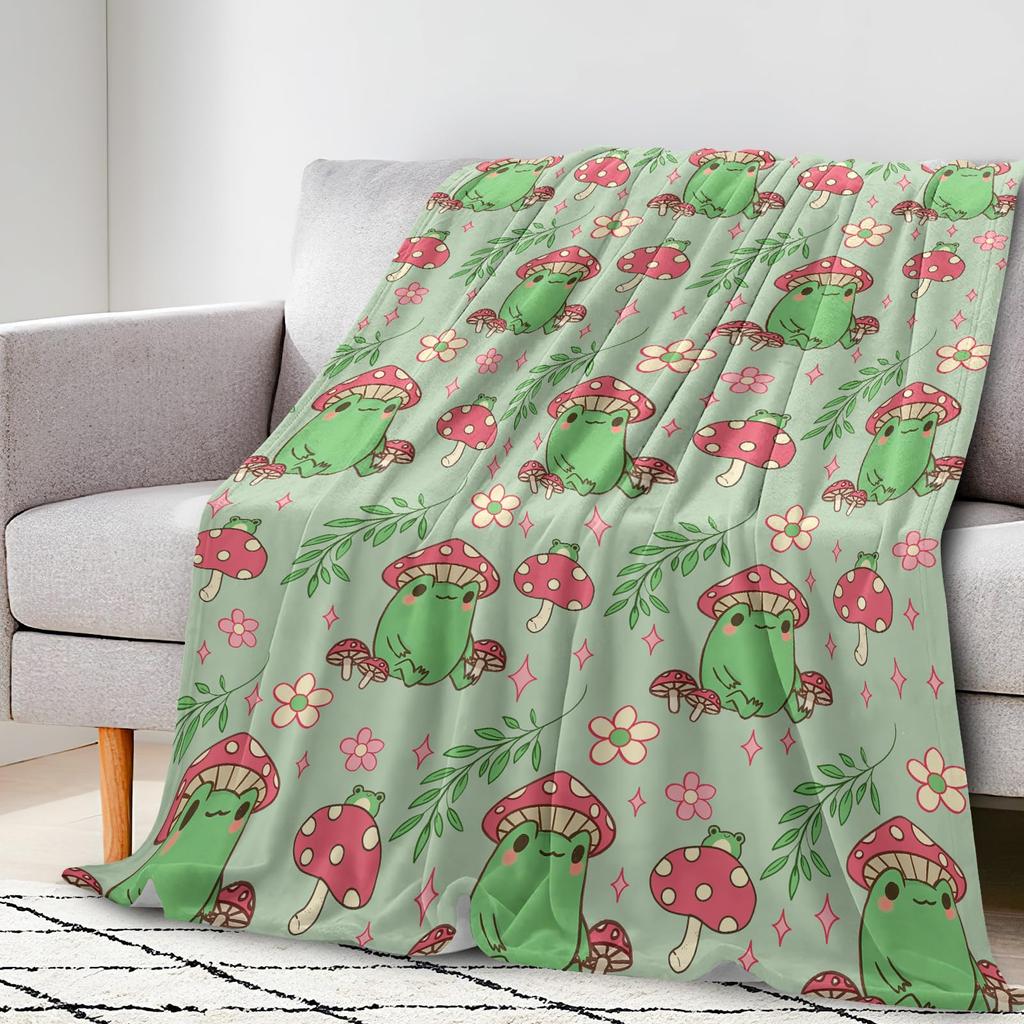 Cartoon Frog Mushroom Blanket Lovey Green Animal Flannel Throw Blankets for All Season Botanical Plush Soft Bed Sofa Blanket