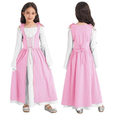 Kids Girls Medieval Renaissance Dress Halloween Costumes Square Neck Long Sleeve Lace-up Princess Gown Dress
