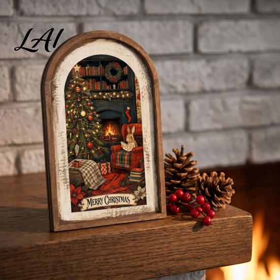 Vintage Christmas Home Decor Rustic Wooden Decoration Arched Window Frame Wall Decor Winter Xmas Holiday Party Table Sign Tabletop Ornament