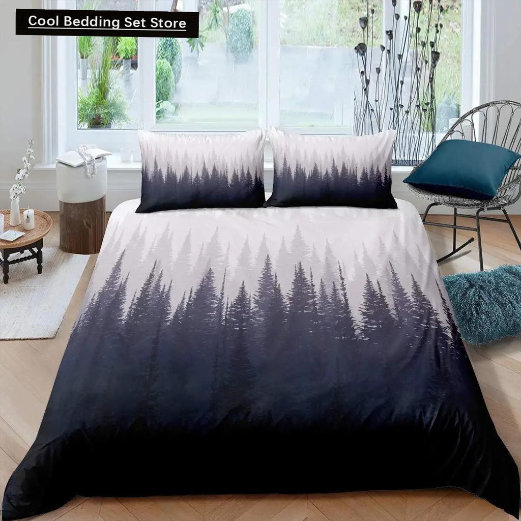 Dumanlı Dağ Nevresim Takımı Çam Ağaçları Yorgan Kılıfı Erkek Çocuk Manzara Yorgan Kılıfı Doğal Manzara Sanat Polyester Yatak Takımı