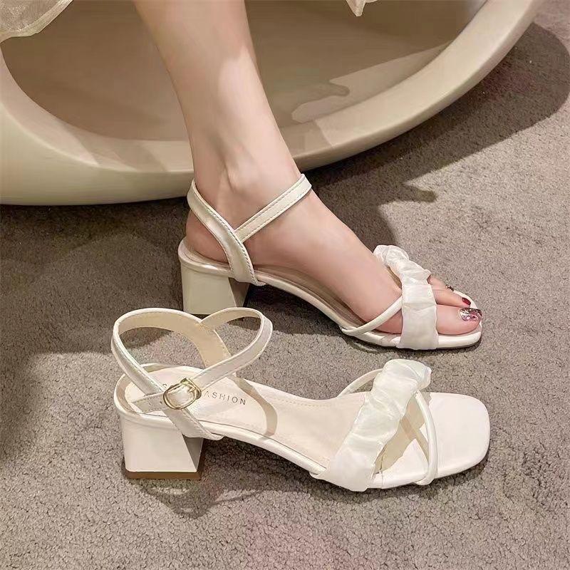 Casual Simple Solid Color Square Head Open-toed Women's Sandals Summer New One-word Buckle Strap Square Heel Fashion High Heels