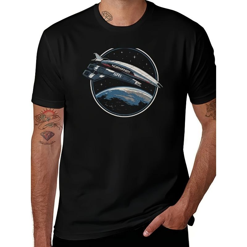 European Size Men'S Normandy Sr1 Spaceship Graphic T-Shirt | Crew Neck Tee With Geometric Pattern, Durable Fabric, All-Season Casual, Comfortable Fit