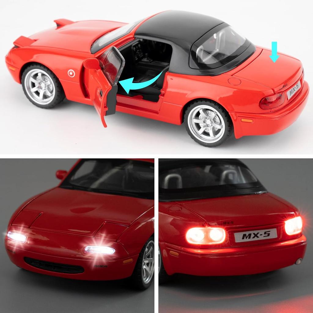 1/32 Mazda MX-5 Alloy Model Car Toy with Pullback,Removable Top,Blinking Lights with Sound and Bright Lights, Collectible Grade Gift for Kids (Red)