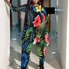 Women Plus Size Three Quarter Sleeve Round Neck Irregular Hem Printed Top Wide Leg Pants Two Piece Set