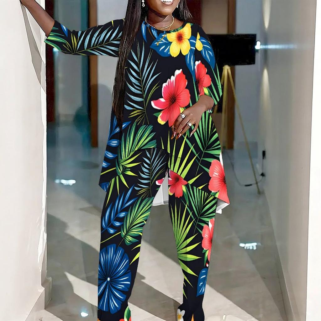 Women Plus Size Three Quarter Sleeve Round Neck Irregular Hem Printed Top Wide Leg Pants Two Piece Set