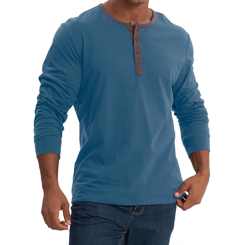 Men's Henley-style round-neck long-sleeved T-shirt Men's loose-fitting sports top
