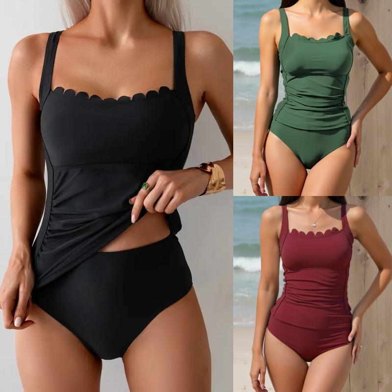 Black Split Conservatively Covers The Belly To Show A Slim Chest, Wavy Side Swimsuit, Women's European and American Swimsuits