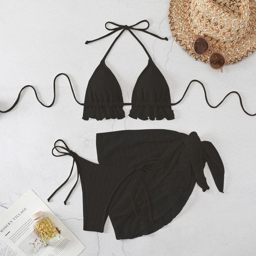 Women's 3 Piece Ruffle Halter Bikini Set Textured Triangle Top Lace Crochet Cover Up Skirt Sexy Summer Beach Hot Spring Bathing Suit Swimwear