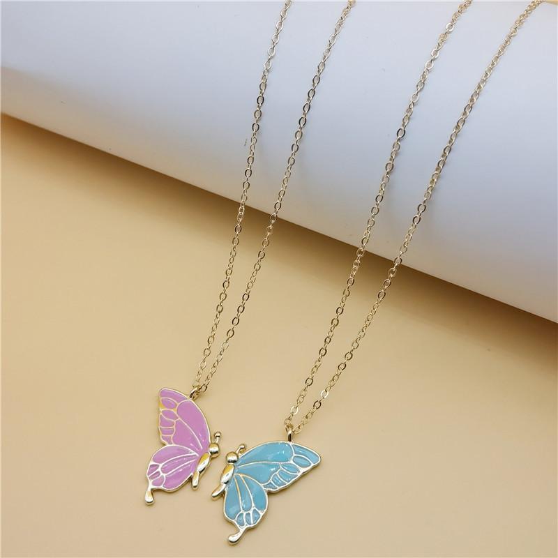 Two-piece gold, blue, and pink butterfly friendship necklace set - a simple and versatile two-piece set for women, suitable for