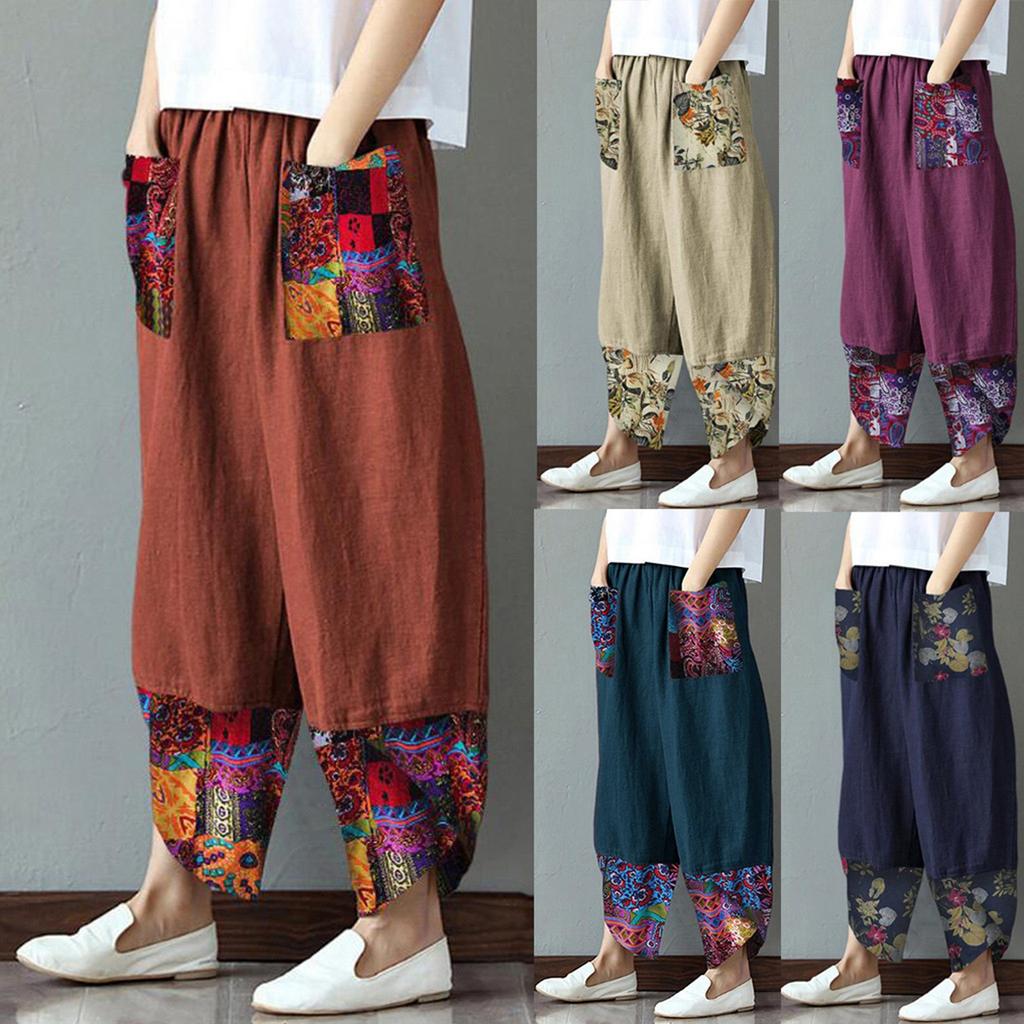 Women Casual Cotton Linen Print Patchwork  Irregular Loose Wide Leg Pants