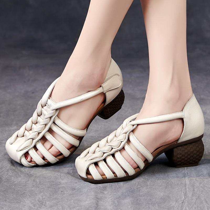 Fashion GKTINOO Women Sandals 2024 New Summer Retro Women Shoes Genuine Leather Buckle Strap Casual High Heels Handmade Ladies Sandals