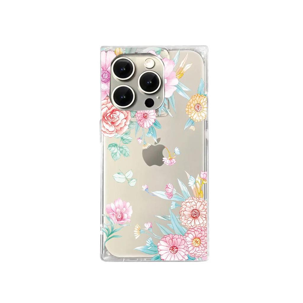 Clear Square Back Tube Case Protection For iPhone 15 Plus 12 11 13 16 ProMax 14 Pro Max Anti-Oxygen,Pink as a Flower Pattern Casing