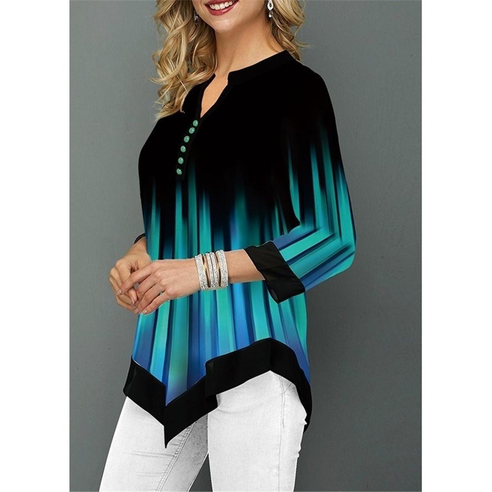 Nowa Damska Koszulka Casual z Nadrukiem z Nieregularnym Dołem, Okrągłym Dekoltem i Rękawami 3/4, Plus Size, Jesienna Luźna Bluzka Pulower