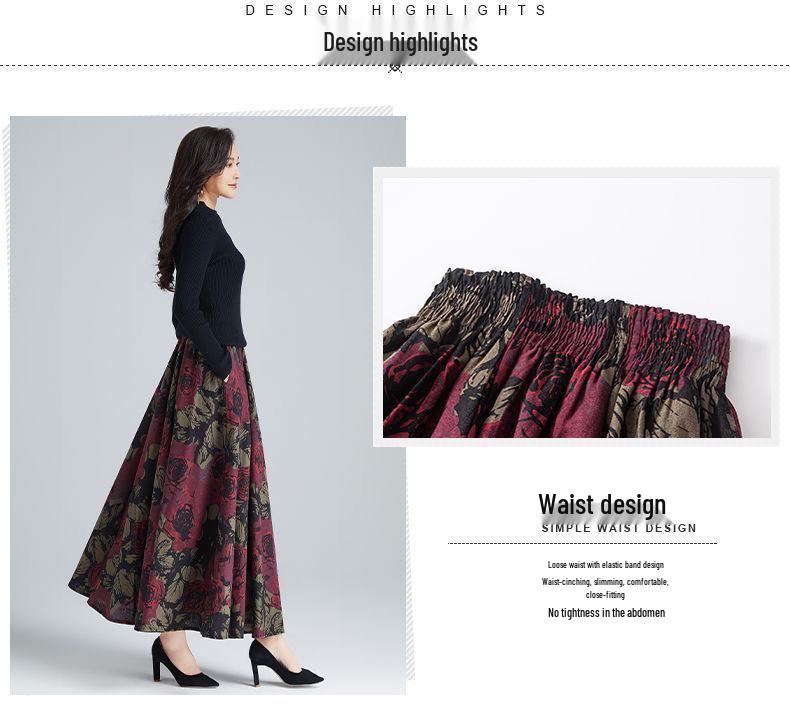 Autumn/Winter High-End Retro Floral Wool Maxi Skirt with Pockets, High Waist, and Large Flare.