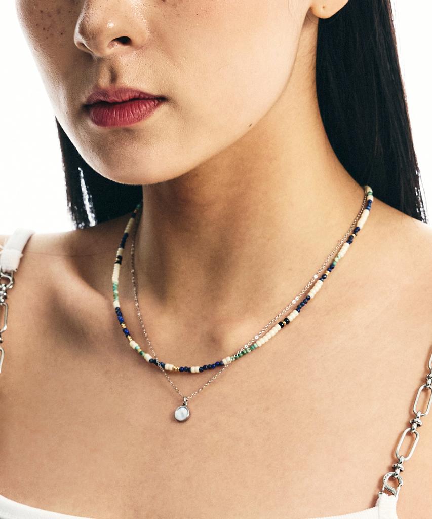 Ssy [Set] Pistachio Stone Necklace & Onyx Pendant Necklace