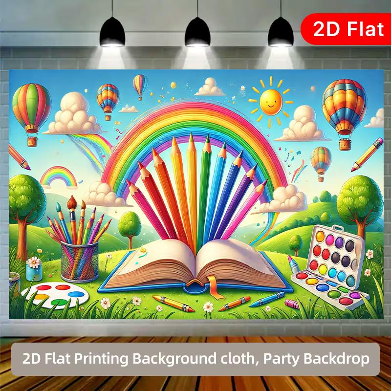 2D Flat Classroom Backdrop, Open Book with Rainbow Pencils & Hot Air Balloon Photo Background