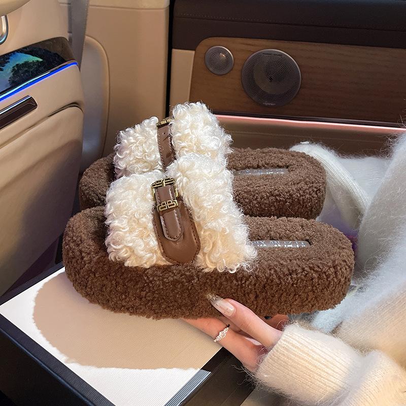 Premium fluffy slippers women's wear new autumn and winter thick-soled heightening casual plush cotton slippers