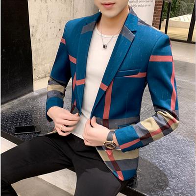 Men's Blazer Fashion British Style Contrast Plaid Stitching Pattern Striped Slim Casual Men's Clothing Jacket