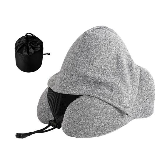 Travel Neck Pillow with Hood Memory Foam U-shaped Pillow with Adjustable Drawstring Breathable Neck Cushion for Airplane Car Long Flights Road Trips