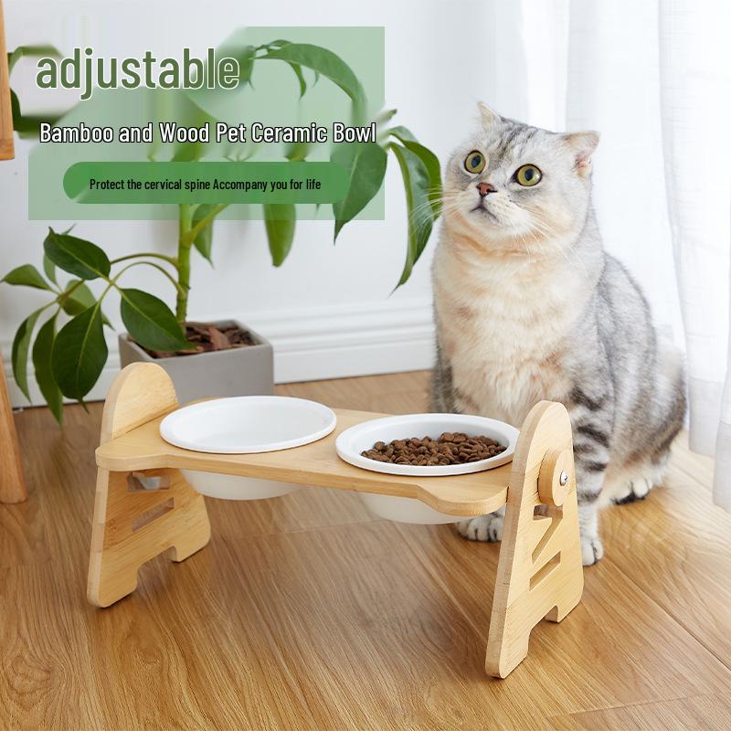 Adjustable Slanted Ceramic Pet Bowl for Cats and Dogs - Double Bowl Feeder