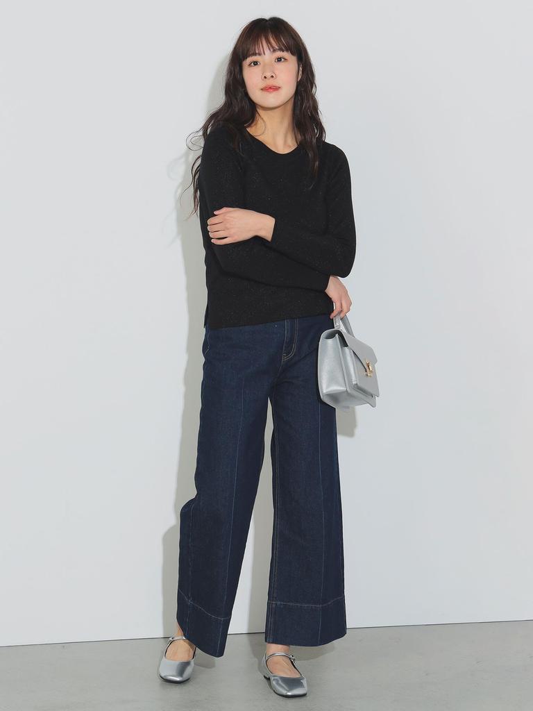 Beams Heart Knit Crew Knit Crew One Size Women's L/S Pants, Lamé Pants, Black,